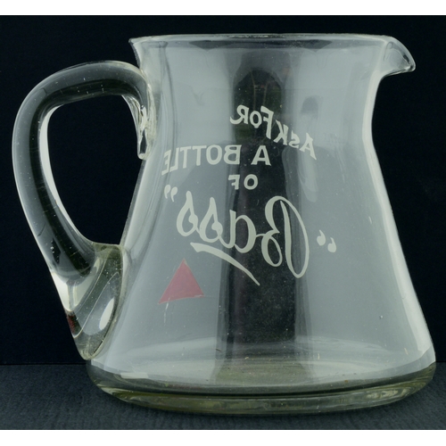 58 - BASS BREWERY JUG. 5ins tall. Clear glass jug, rear handle, enamelled lettering for ASK FOR/ A BOTTLE... 