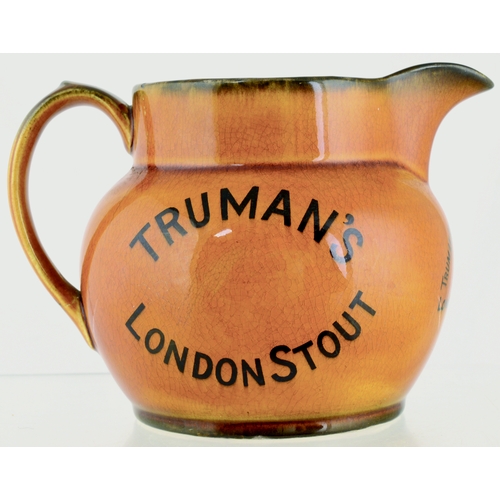 104 - TRUMAN’s BURTON ALES . 4.25ins tall. Variating brown glaze, black transfer for TRUMAN’S/ BURTON ALES... 