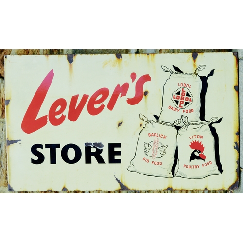 113 - LEVERS STORE ENAMEL SIGN. 54.5 by 32ins. Large enamel sign cream background LEVERS/ STORE in red & b... 