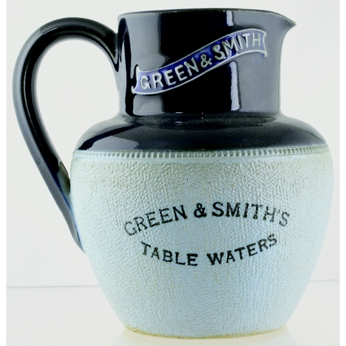 117 - BURNLEY GREEN & SMITH’S TABLE WATERS JUG. 5.25ins tall, stoneware. Dark blue top, lower light blue t... 