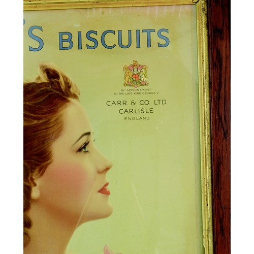 119 - CARLISLE
CARR’S BISCUITS
FRAMED
SHOWCARD. 25.5 by 19.5ins.
Multicoloured 1930’s period lady
CARR’S B... 