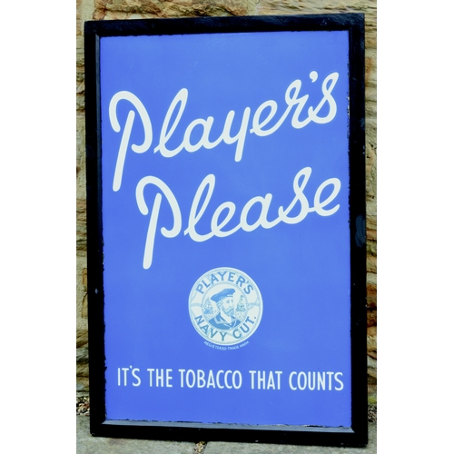 122 - PLAYERS PLEASE FRAMED ENAMEL SIGN. 36 by 24ins. Rectangular shape enamel sign in original frame. Blu... 