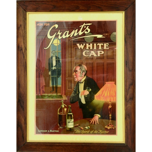 125 - GRANT’S WHIT CAP WHISKY FRAMED ADVERT. 24 by 18.75ins. Multicoloured comical image of butler sneakin... 