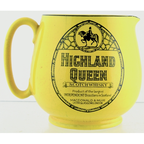 145 - HIGHLAND QUEEN WHISKY WATER JUG. 5ins tall. Bulbous jug, yellow glaze with black detailing HIGHLAND/... 