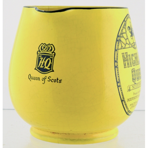 145 - HIGHLAND QUEEN WHISKY WATER JUG. 5ins tall. Bulbous jug, yellow glaze with black detailing HIGHLAND/... 