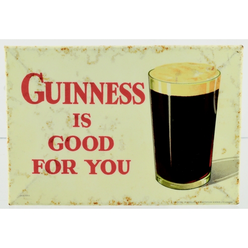 165 - GUINNESS LAMINATED TIN ON CARD ADVERT. 8 by 5.5ins. Pictorial image of glass of Guinness & GUINNESS/... 