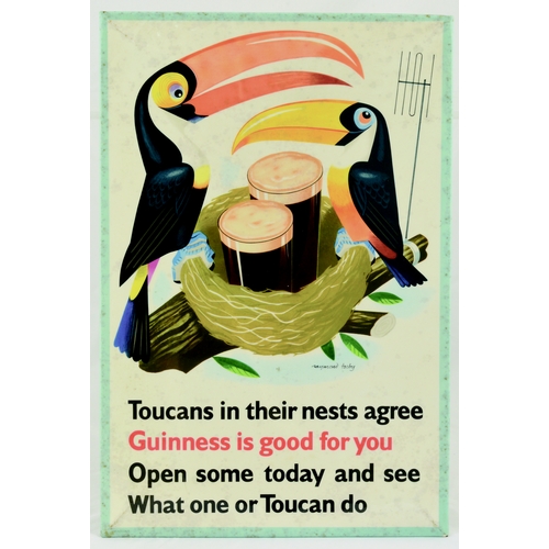 168 - GUINNESS LAMINATED TIN ON CARD ADVERT. 15 by 10ins. Multicoloured image of a pair of toucans sat in ... 