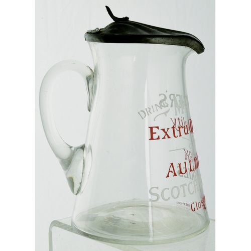 172 - MATHERS SCOTCH WHISKIES DECANTER. 6.5ins tall. Clear glass, rear handled jug with enamelled letterin... 