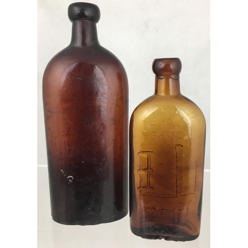 105 - PAIR OF WARNERS SAFE CURE LONDON BOTTLES. Tallest 9.5ins in a red brown glass (slightly dull), small... 