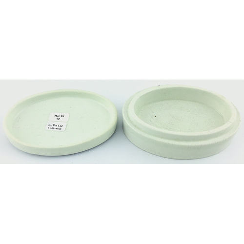 26 - LONDON TOOTH PASTE POT LID &
BASE. (APL, p 358, 2) 3.75ins across. Oval
shape pot lid & base, very s... 