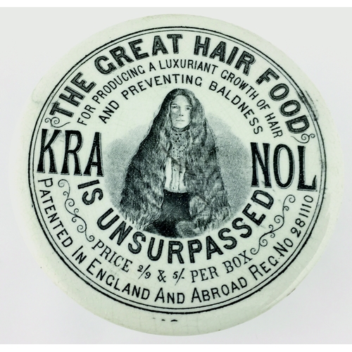 40 - CHESHIRE KRANOL HAIR FOOD POT
LID & BASE. (APL, p692, 2) 4ins diam. Strong
black transfer for THE GR... 