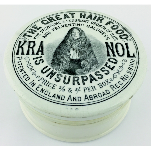 40 - CHESHIRE KRANOL HAIR FOOD POT
LID & BASE. (APL, p692, 2) 4ins diam. Strong
black transfer for THE GR... 