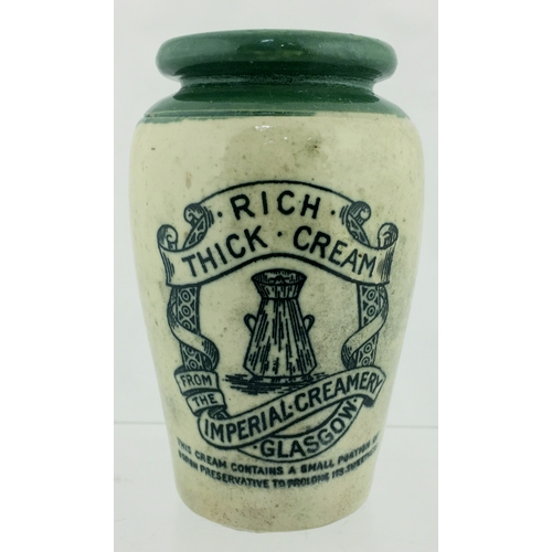 45 - GLASGOW CREAM POT. 4.5ins tall. Green top, black transfer for RICH/ THICK CREAM/ IMPERIAL CREAMERY/ ... 