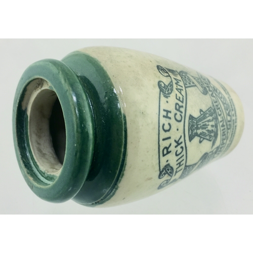 45 - GLASGOW CREAM POT. 4.5ins tall. Green top, black transfer for RICH/ THICK CREAM/ IMPERIAL CREAMERY/ ... 