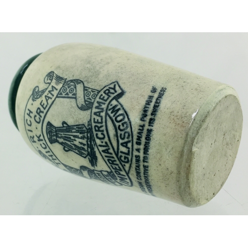 45 - GLASGOW CREAM POT. 4.5ins tall. Green top, black transfer for RICH/ THICK CREAM/ IMPERIAL CREAMERY/ ... 