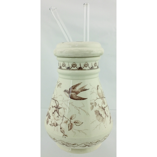 83 - THE OXFORD INHALER. 5.5ins tall to lid top. Ceam glaze, brown bird & floral design all over
THE OXFO... 