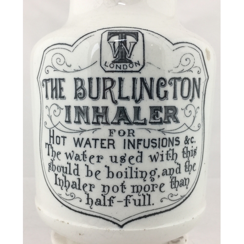 85 - THE BURLINGTON INHALER. 5.25ins tall. Off white glaze, black transfer THE BURLINGTON/ INHALER & line... 