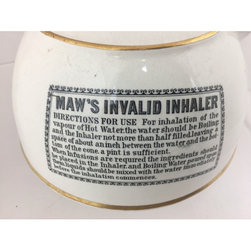 86 - MAWS INVALID INHALER. 5ins tall. Off white glaze, gold band detail top & bottom, black transfer MAW’... 