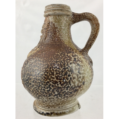 119 - BELLARMINE JUG. 6.5ins tall. Fabulous variating tiger glaze, bulbous bodied bellarmine jug, bearded ... 