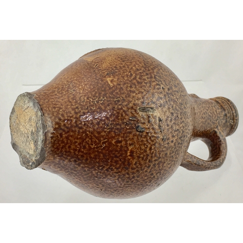 122 - BELLARMINE JUG. 8.5ins tall. Fabulous variating tiger glaze, bulbous bodied bellarmine jug, bearded ... 