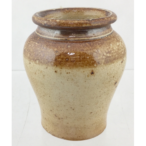 125 - CHELTENHAM APOTHECARY JAR. 3.5ins tall. Variating light brown salt glaze.Applied front slab seal rea... 