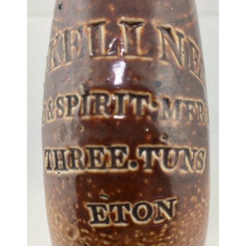 126 - ETON FLAT SIDED SPIRIT FLASK. 5.5ins tall. T.t, salt glaze front below impressing, with a
strong ora... 