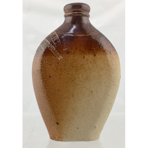 126 - ETON FLAT SIDED SPIRIT FLASK. 5.5ins tall. T.t, salt glaze front below impressing, with a
strong ora... 