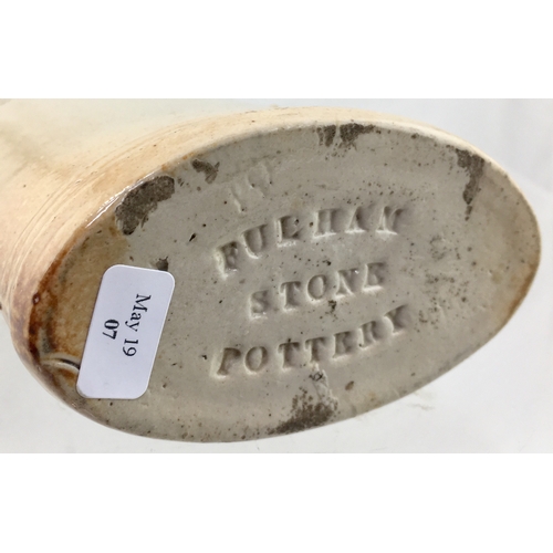 127 - LONDON SPIRIT FLASK. 7ins tall. T.t, salt glaze
dark to the right side, flattened rectangular shape ... 