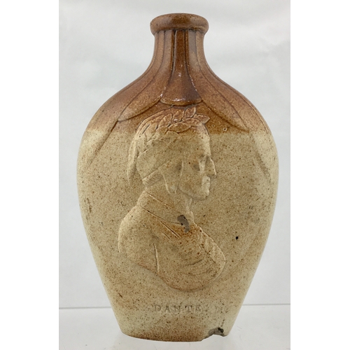 129 - SALT GLAZE SPIRIT FLASK. 6ins tall. Oval shape
flask, rounded shoulders with raised head figure of N... 