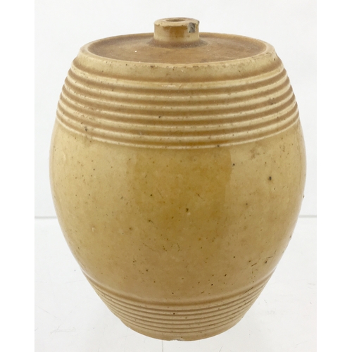 130 - DATED 1885 BRISTOL STONEWARE BARREL. 4ins tall. Light tan glaze. Fill hole to top, hooped detail top... 