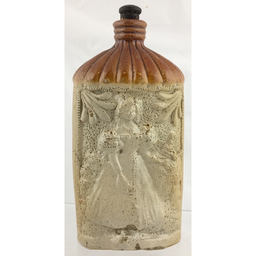 141 - QUEEN VICTORIA REFORM FLASK. 8.75ins tall. T.t, salt glaze flask with much colour variation, highly ... 