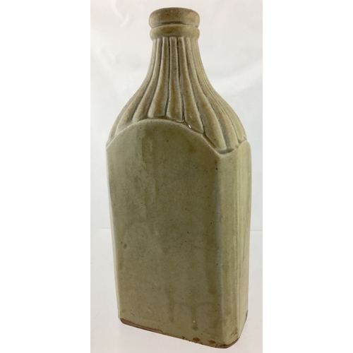 145 - NOTTINGHAM SLAB SEAL FLASK. 9ins tall. Grey/ green slip glaze. Flattened rectangular flask, sloping ... 