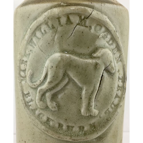 148 - BLACKBURN SLAB SEAL GINGER BEER. 6.5ins tall. Grey/ green slip glaze, front slab seal MARK, WILLIAM,... 