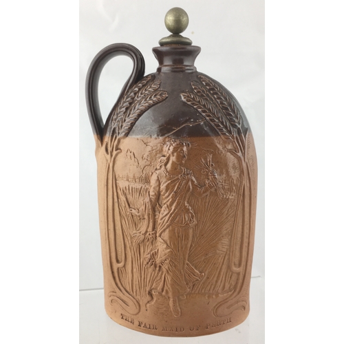 154 - FAIR MAID OF PERTH WHISKY FLAGON. (WG p 58) 10.75ins tall to top of original stopper. Brown top, low... 