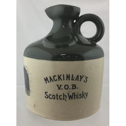 156 - MACKINLAY’S WHISKY JUG. (WG
p 119) 6.25ins tall. Green top, lower off white
glaze, raised horseshoe ... 