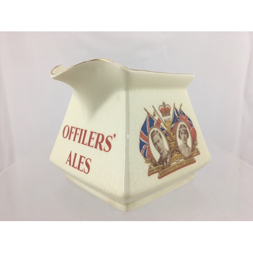 163 - OFFILERS ALES CORONATION PUB JUG. 4ins tall. Square form jug, cream glaze with OFFILERS’/ ALES in re... 