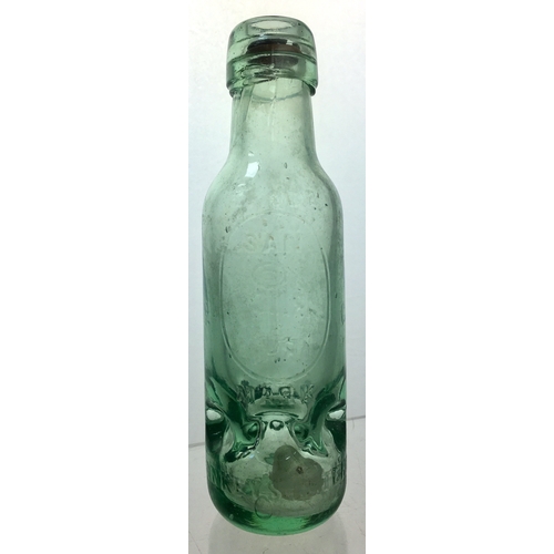 183 - SANKEYS PATENT BOTTLE. 7ins tall. Aqua glass 6oz, 6 retaining lugs to base to retain the hollow roun... 