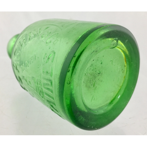 184 - STAINES SELTZER BOTTLE.
4.75ins tall. Light green glass, squat
shape, blob lip, embossed CHARLES
ASH... 