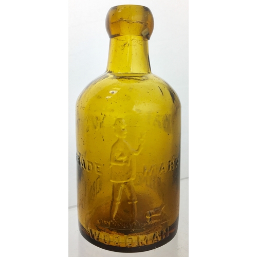 186 - MIDDLETON
(ROCHDALE) SELTZER
BOTTLE. 6.25ins tall. Amber
glass, cylinder shape, blob lip.
One side e... 