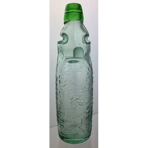 188 - PORTSMOUTH RELIANCE
PATENT CODD BOTTLE. 9.5ins tall.
Aqua glass, green lip, 2 neck
retaining lugs ei... 