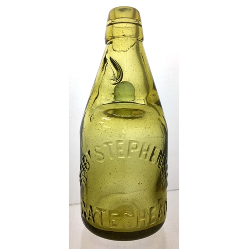 191 - GATESHEAD
DUMPY CODD
BOTTLE. 7.5ins tall.
Light amber glass,
2 neck retaining
lugs, heavily
embossed... 