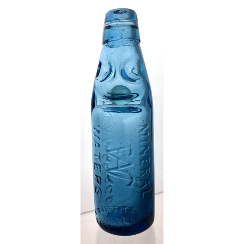 193 - WADSWORTH
BLUE CODD
BOTTLE. 7.25ins
tall. Bright mid blue,
6oz codd bottle.
Heavily embossed
WADSWOR... 