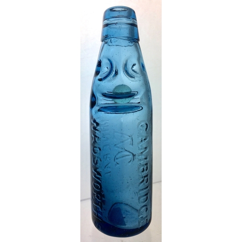 193 - WADSWORTH
BLUE CODD
BOTTLE. 7.25ins
tall. Bright mid blue,
6oz codd bottle.
Heavily embossed
WADSWOR... 