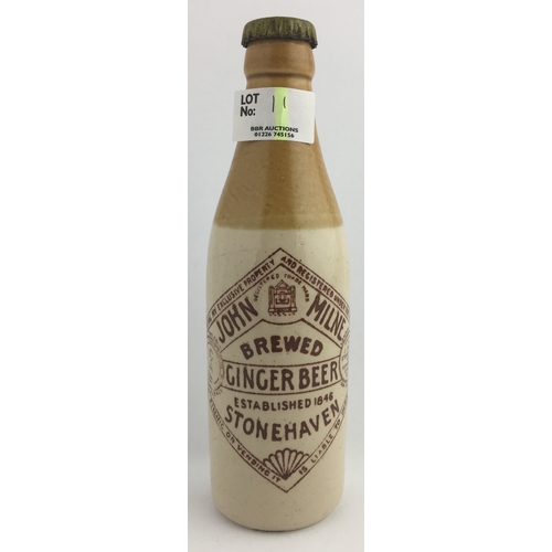 11 - JOHN MILNE STONEHAVEN GINGER BEER. 7.5ins, c.c., brown transfer, sealed with original (?) contents.