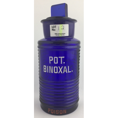 12 - CHEMIST SHOP ROUND. 8ins, cobalt blue glass, ribbed body POT./ BINOXAL. / POISON to front, large lip... 