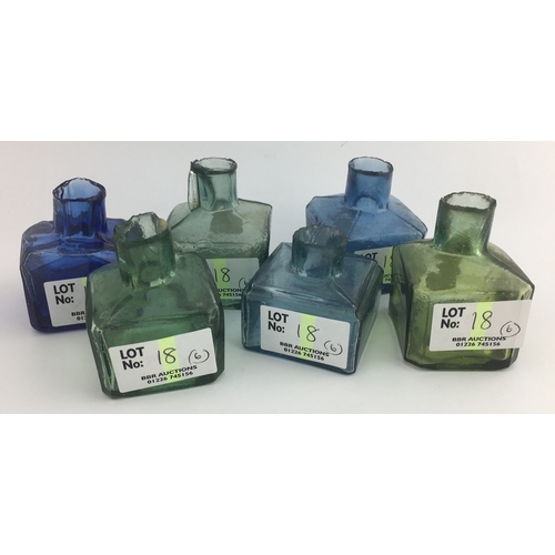 18 - INKS GROUP. Tallest 2ins, green & blue glass, all square shaped. (6)