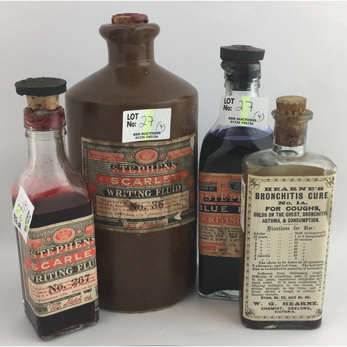 27 - STEPHEN’S LABELLED INKS GROUP. Tallest 8ins, all sealed with contents plus Hearne’s Bronchitus Cure.... 