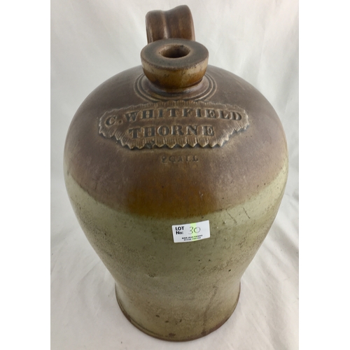 30 - THORNE FLAGON. 15ins, T. t, handled, 2 gallon, impressed G. WHITFIELD/ THORNE.