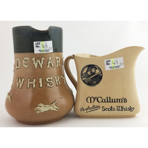 43 - WHISKY JUG DUO. Tallest 6.5ins, Saltglaze, green top, lower tan with raised pipe like lettering to f... 