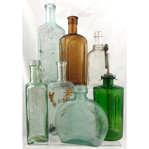 65 - GLASS GROUP. Tallest 9ins, aqua, brown & green. Inc Sarsaprilla, hair restorer, Tiernans Patent. (7)